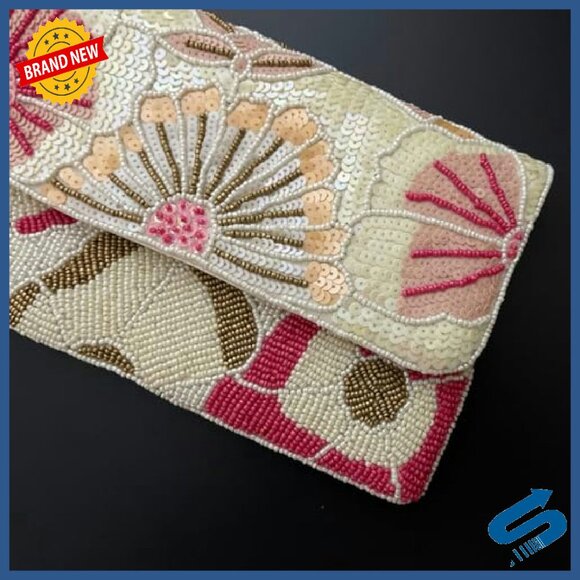 Handmade Beaded Clutch Evening Bag Compact Leather Purse Wedding Party